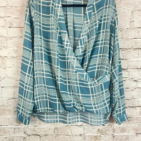 CAbi Women's Medium Windowpane Faux Wrap Long Sleeve Blouse Teal Blue Cream 3068 - Picture 6 of 9